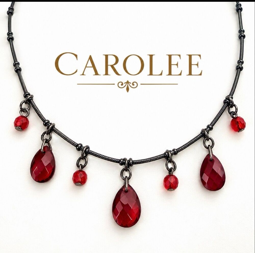 Carolee Red Faceted Teardrop Dangle Necklace Gunmetal